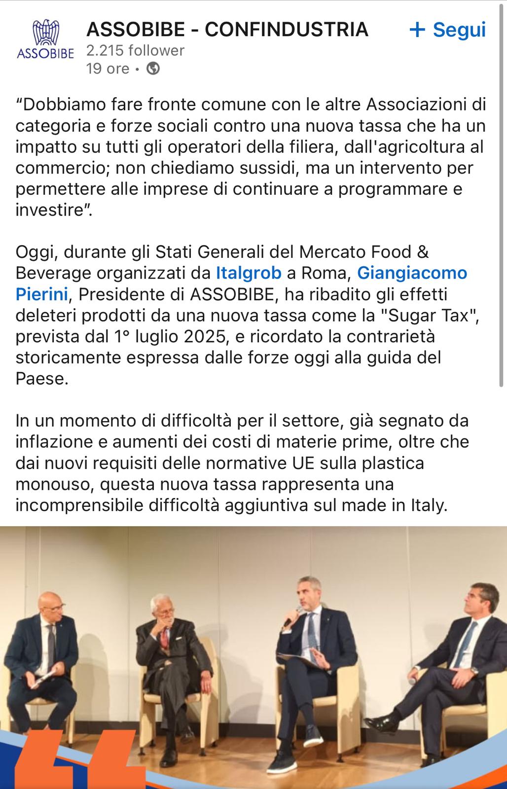 Agli Stati Generali del Mercato Food & Beverage Giangiacomo Pierini, Presidente di ASSOBIBE, ribadisce gli effetti deleteri prodotti dalla “Sugar Tax”